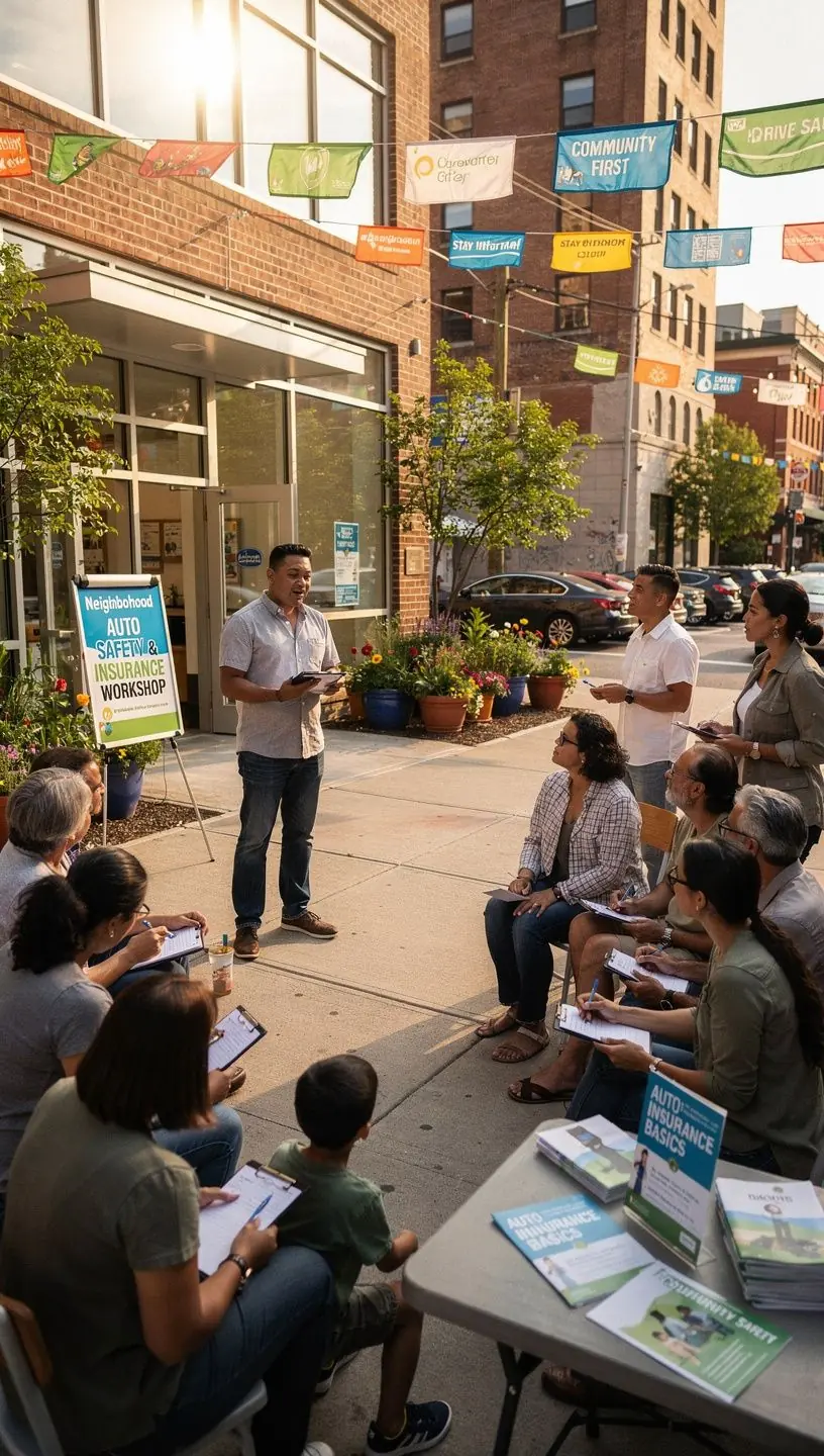 Obrazek ilustrujący spotkanie społeczności lokalnej dotyczące przepisów ubezpieczeniowych.