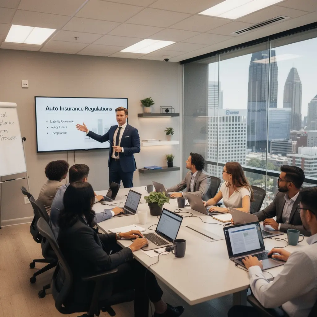 Grafika ilustrująca dokumenty dotyczące ubezpieczenia samochodowego z lokalnymi przepisami i notatkami o zgodności.