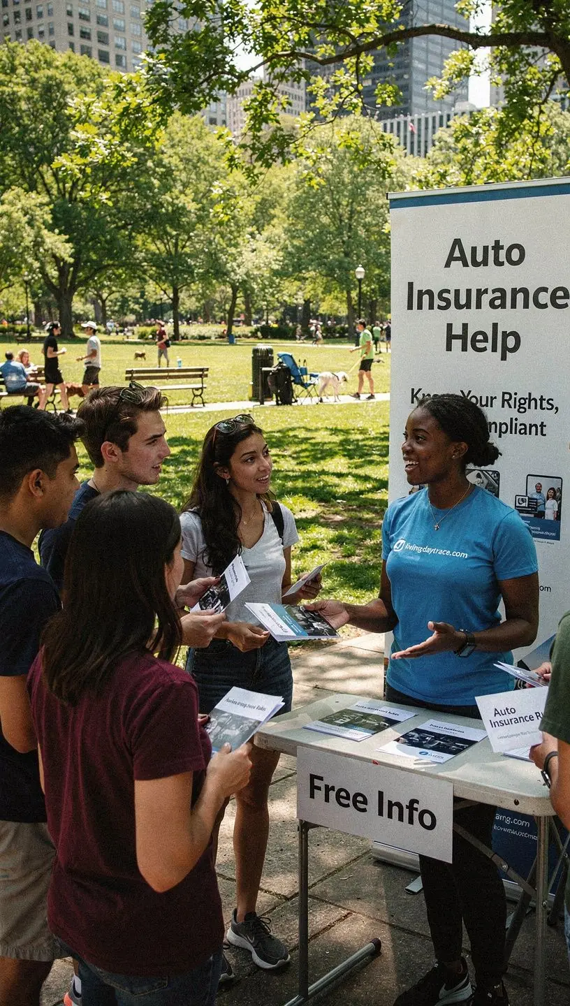 Zdjęcie grupy ludzi dyskutujących o przepisach ubezpieczeniowych na tle miejskiego krajobrazu.
