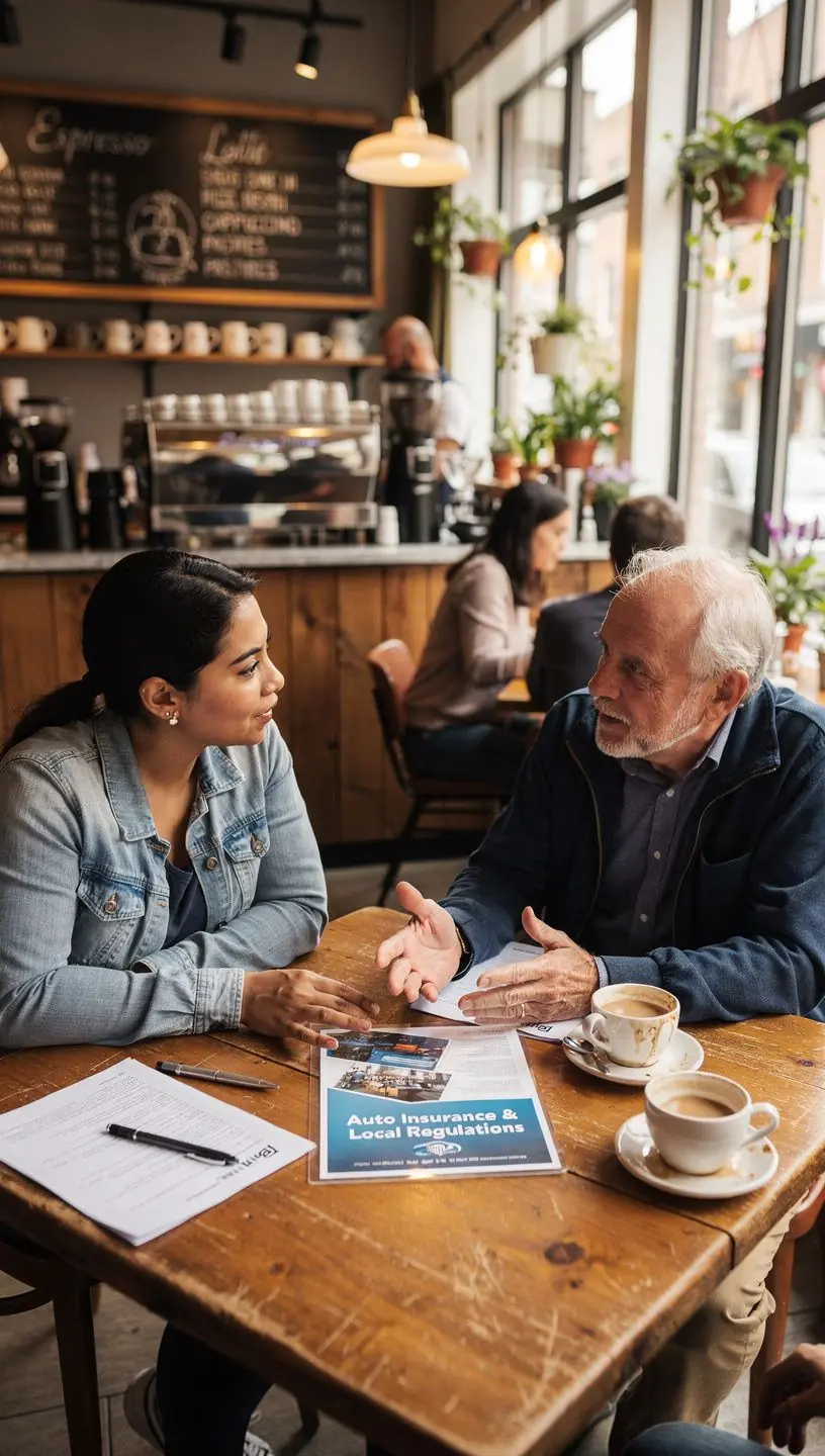 Wizualizacja przedstawiająca mieszkańców miasta, analizujących różne opcje ubezpieczenia samochodowego na tle miejskiego krajobrazu.